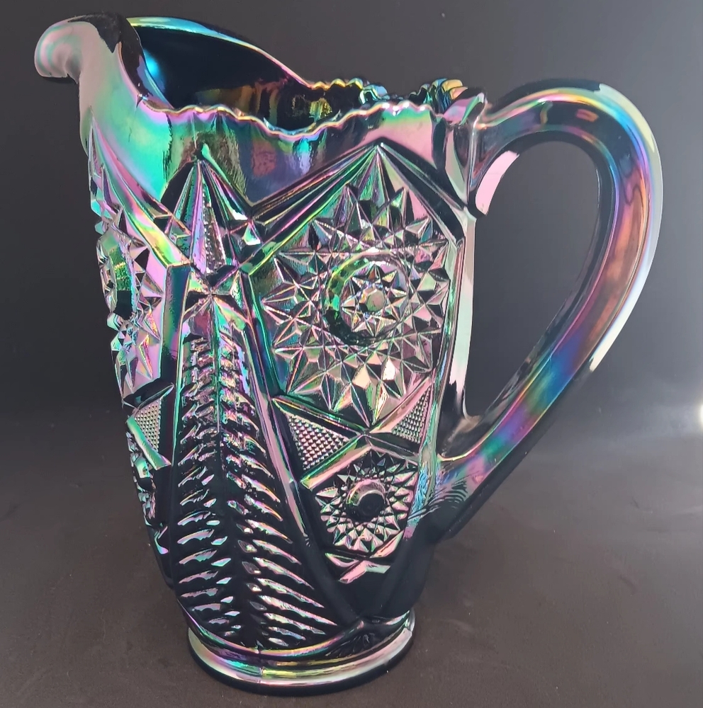 Iridescent Glass Pitcher Imperial Diamond Lace, Amethyst Carnivalware